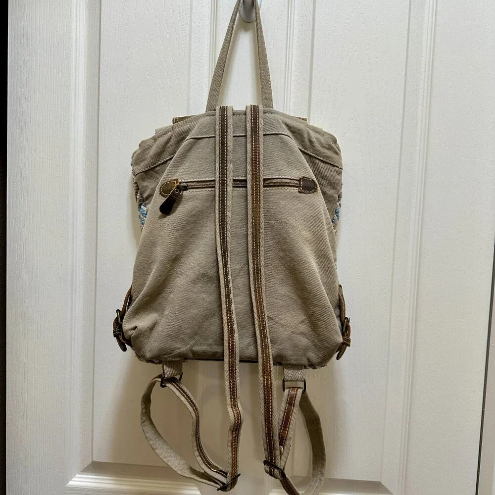 Myra Bag Backpack Boho Up Cycle Bag Brown Leather Canvas Macrame Textile Tote